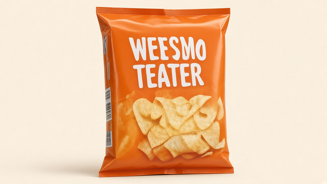 Full orange WEESMO TEATER chip bag on cream studio backdrop
