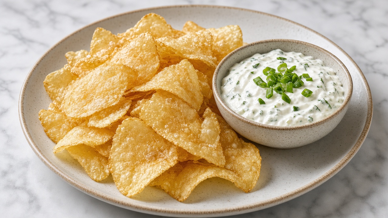 Plate of triangular potato chips with sour cream and onion dip